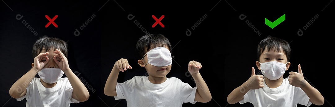 Como usar máscara facial médica corretamente de garotinho asiático, como usar máscara facial correta e errada, conceito de prevenção de coronavírus (COVID-19)