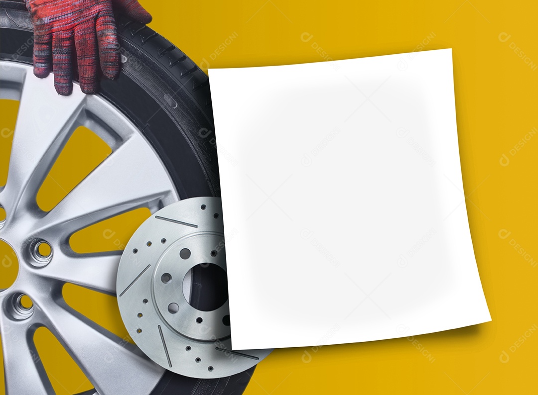 Folha de papel branco realista com a roda do carro e freio a disco em fundo amarelo