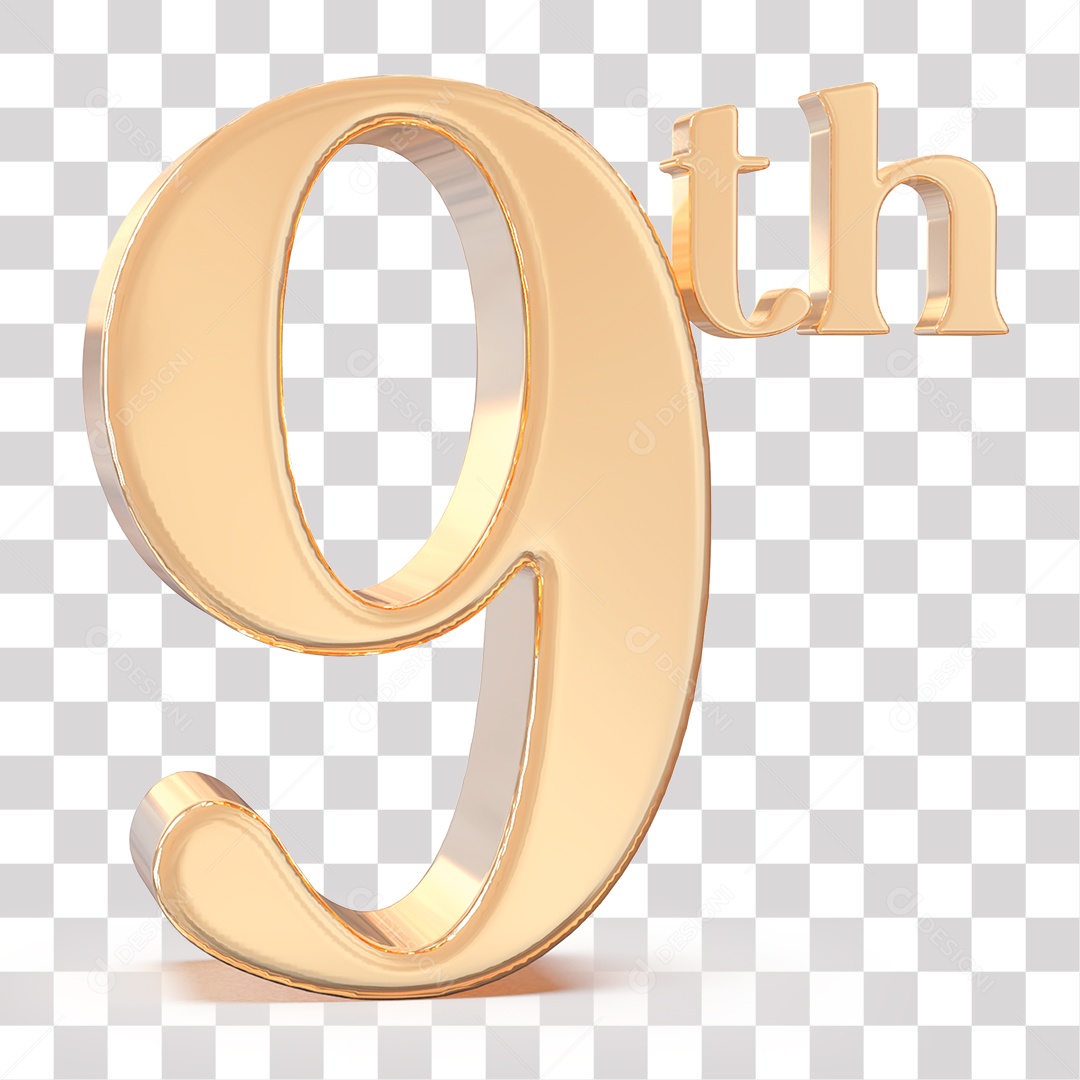 Número 3D 9 nono Lugar Dourado para Composição PNG Transparente Sem Fundo