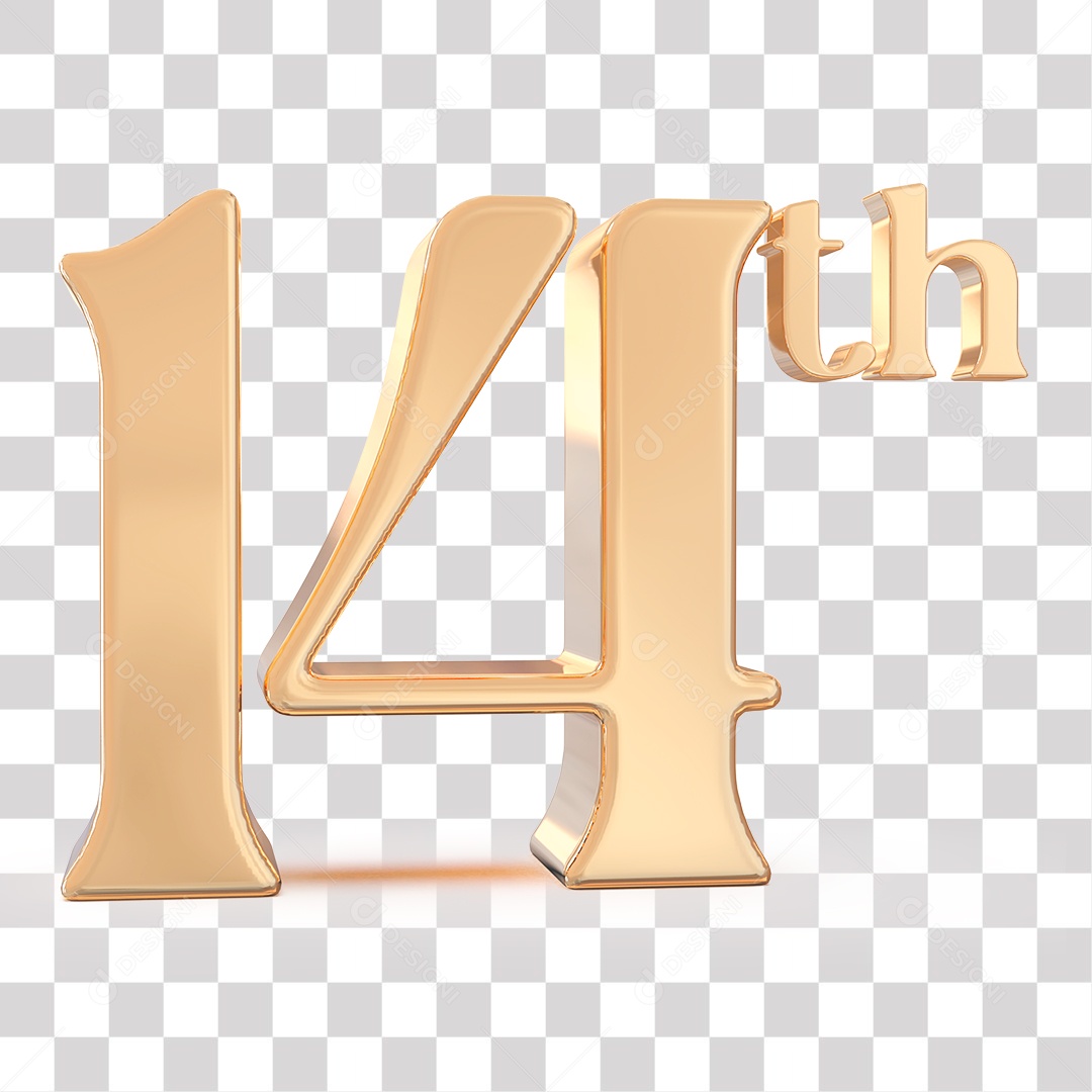 Número 3D 14 catorze Lugar Dourado para Composição PNG Transparente Sem Fundo