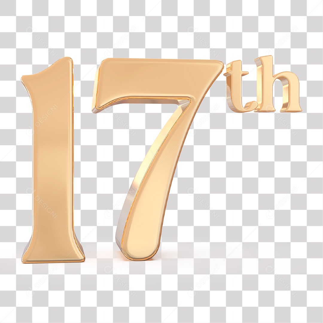 Número 3D 17 dezessete Lugar Dourado para Composição PNG Transparente Sem Fundo