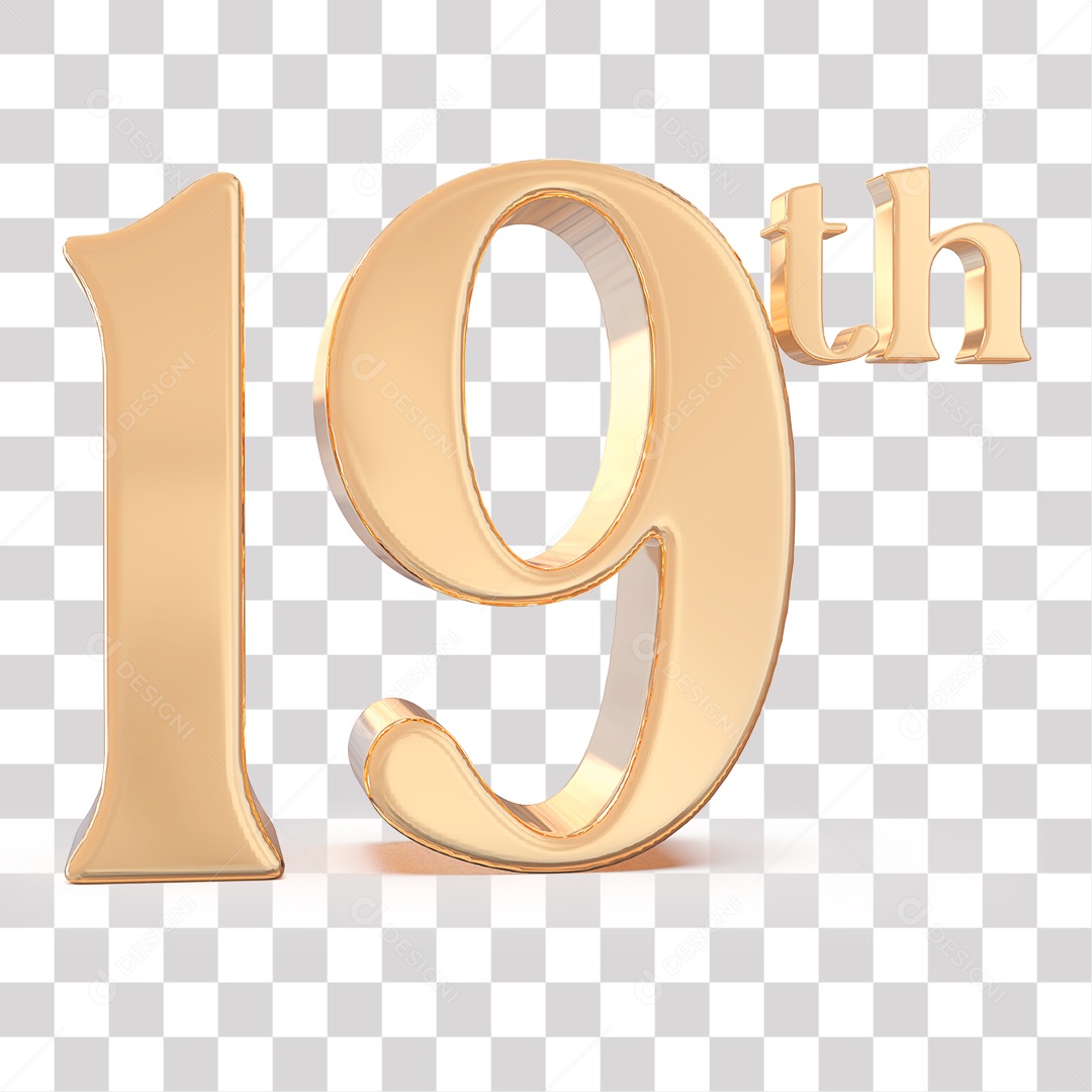 Número 3D 19 dezenove Lugar Dourado para Composição PNG Transparente Sem Fundo