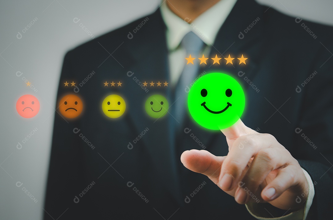 Serviço de emoção de tela virtual de toque de mão de homem e avaliação de feedback de revisão de cliente boa e melhor cinco estrelas.