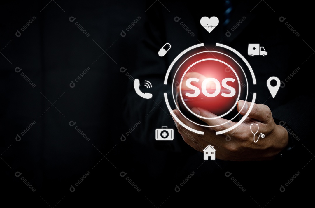 Símbolos de serviço de comunicação de emergência indolor e telefones celulares com o aplicativo para chamar uma ambulância para pegar medicamentos e ir ao hospital.