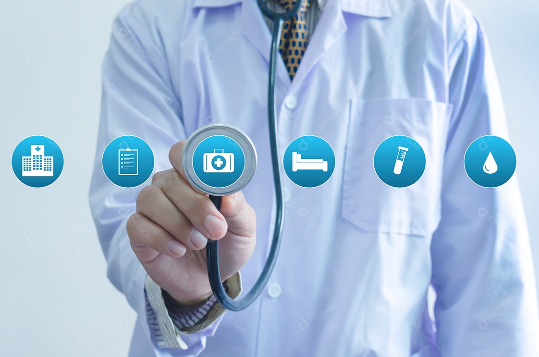 Mão de médico segurando o conceito de cuidados de saúde de ícone de estetoscópio.