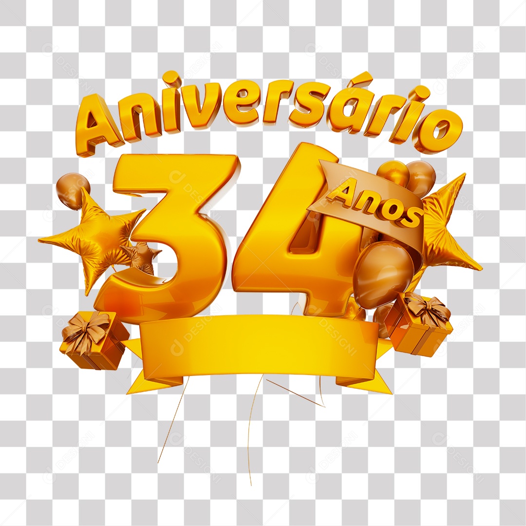 Selo 3D Para Composição Aniversário 34 Anos PNG Transparente