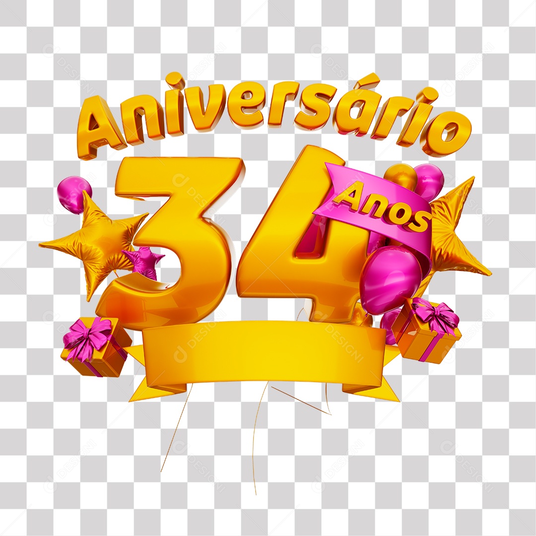 Selo 3D Para Composição Aniversário 34 Anos PNG Transparente