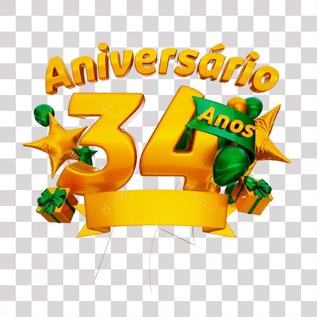 Selo 3D Para Composição Aniversário 34 Anos PNG Transparente