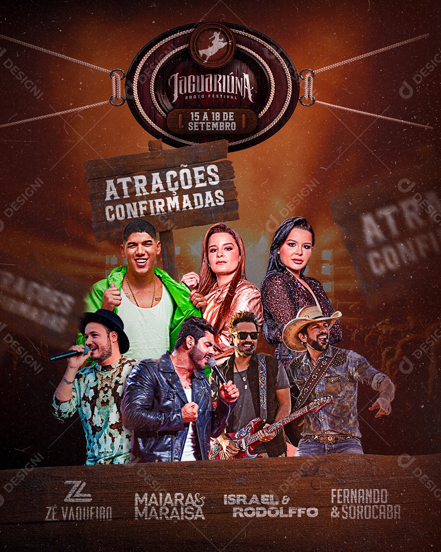 Atrações Confirmadas Jaguariúna Rodeio Flyers Social Media PSD Editável