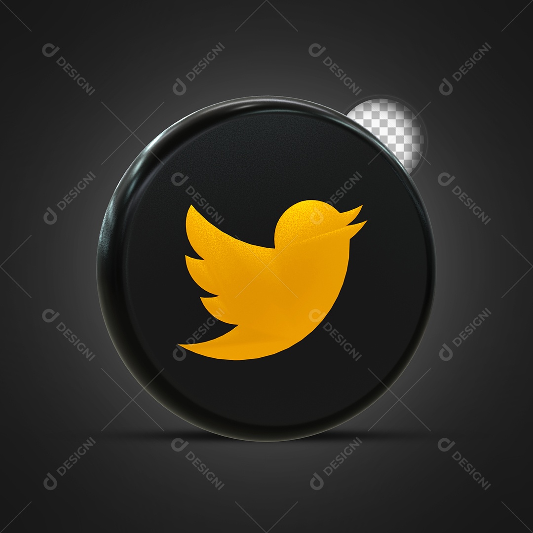 Twitter Ícone 3D Dourado e Preto Para Composição PSD