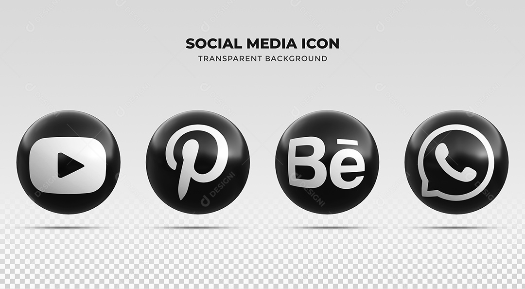 Coleção de Ícones para redes sociais Preto e Branco Youtube Pinterest Behance e Whatsapp PSD
