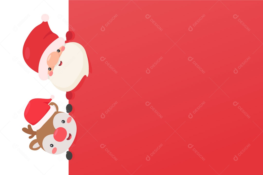 Conjunto de personagens natalino rena e papai noel em fundo vermelho Vetor EPS