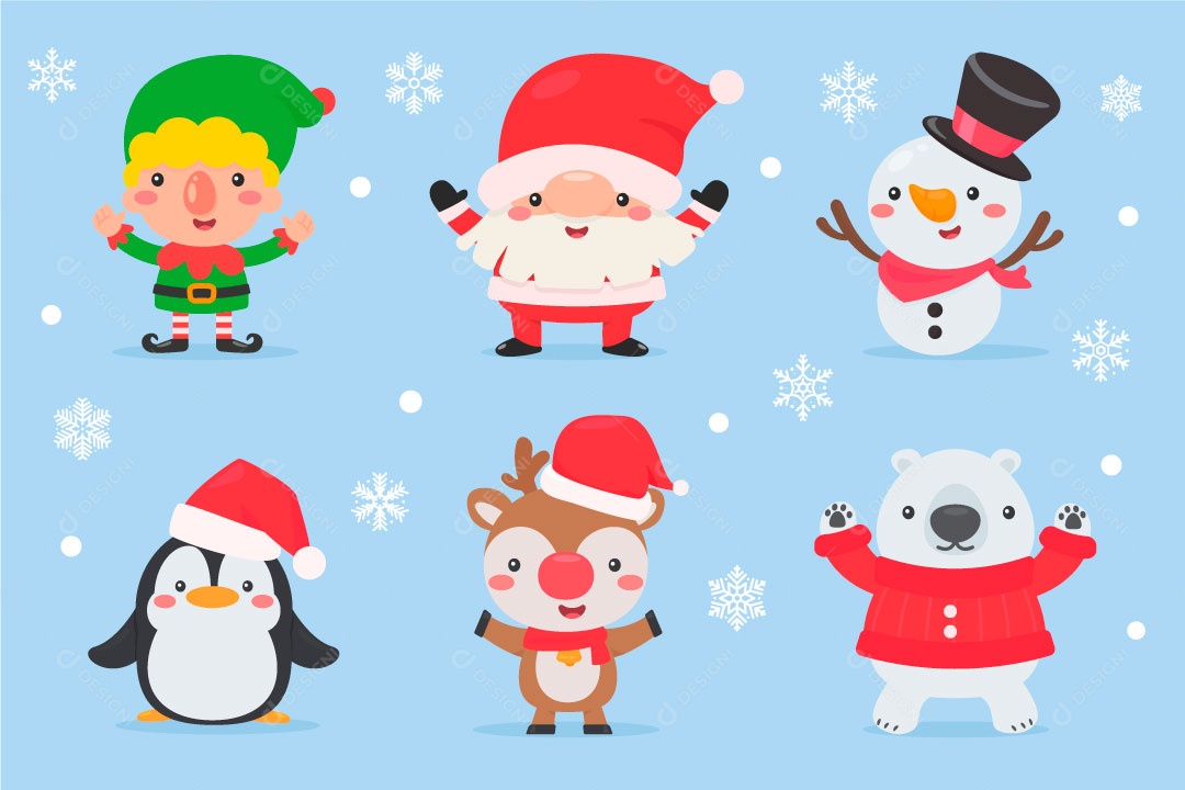 Conjunto de personagens natalino pinguim rena boneco de neve Vetores EPS
