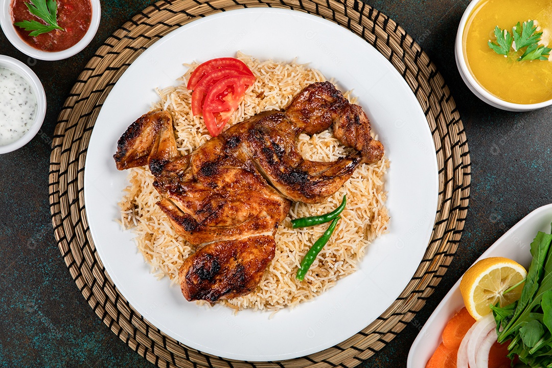 Arroz mandi de peixe Sheri árabe com fatia de limão servido na vista superior do prato de comida do Oriente Médio