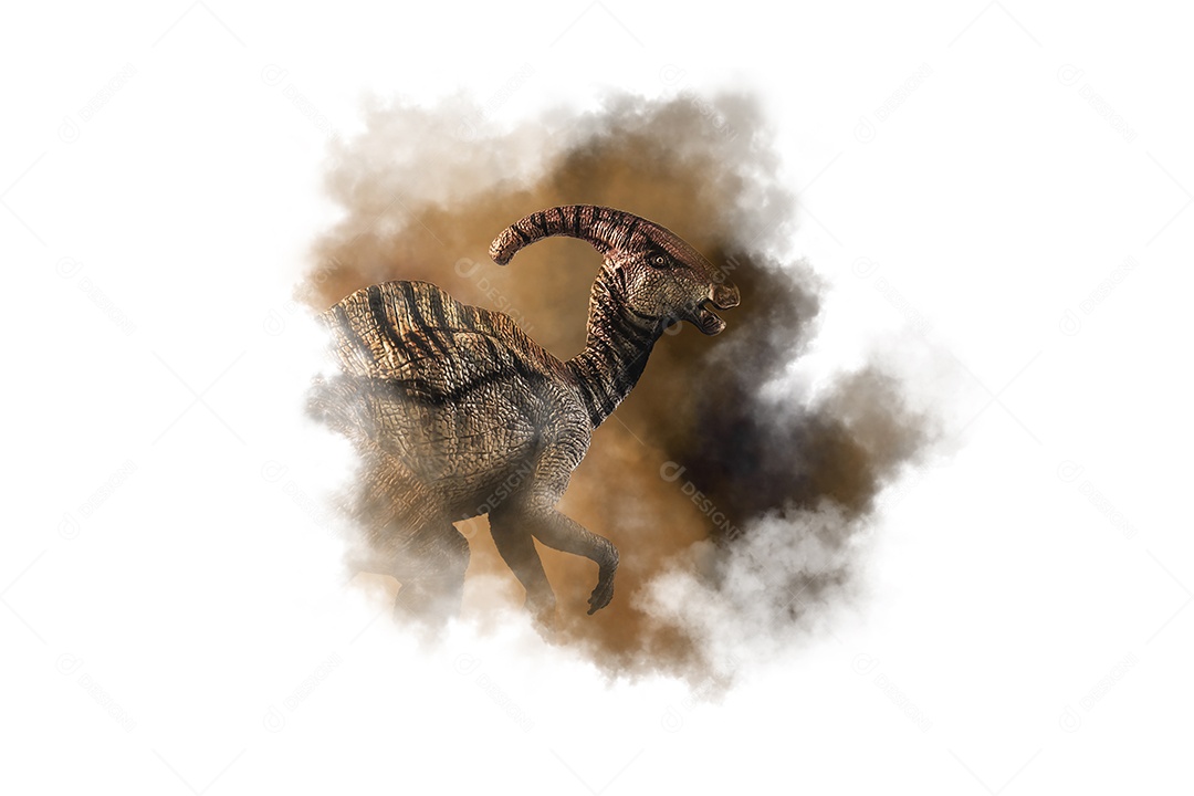 Dinossauro Parasaurolophus em fundo de fumaça