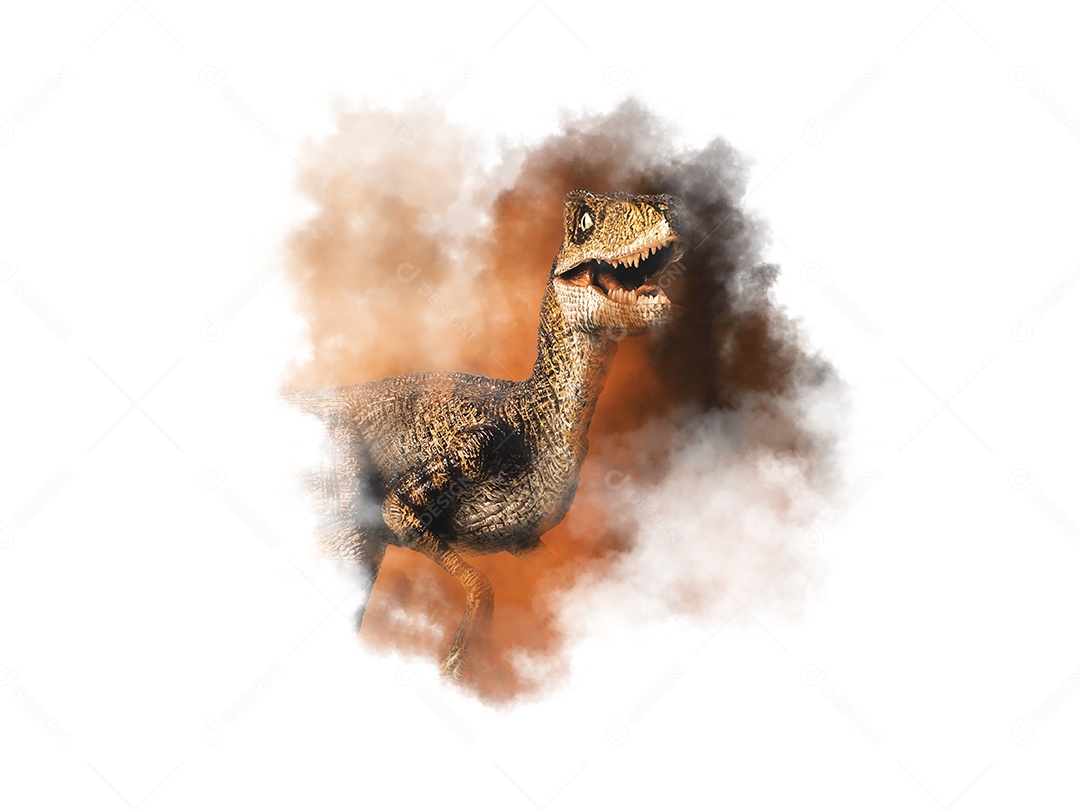 Dinossauro Velociraptor em fundo de fumaça