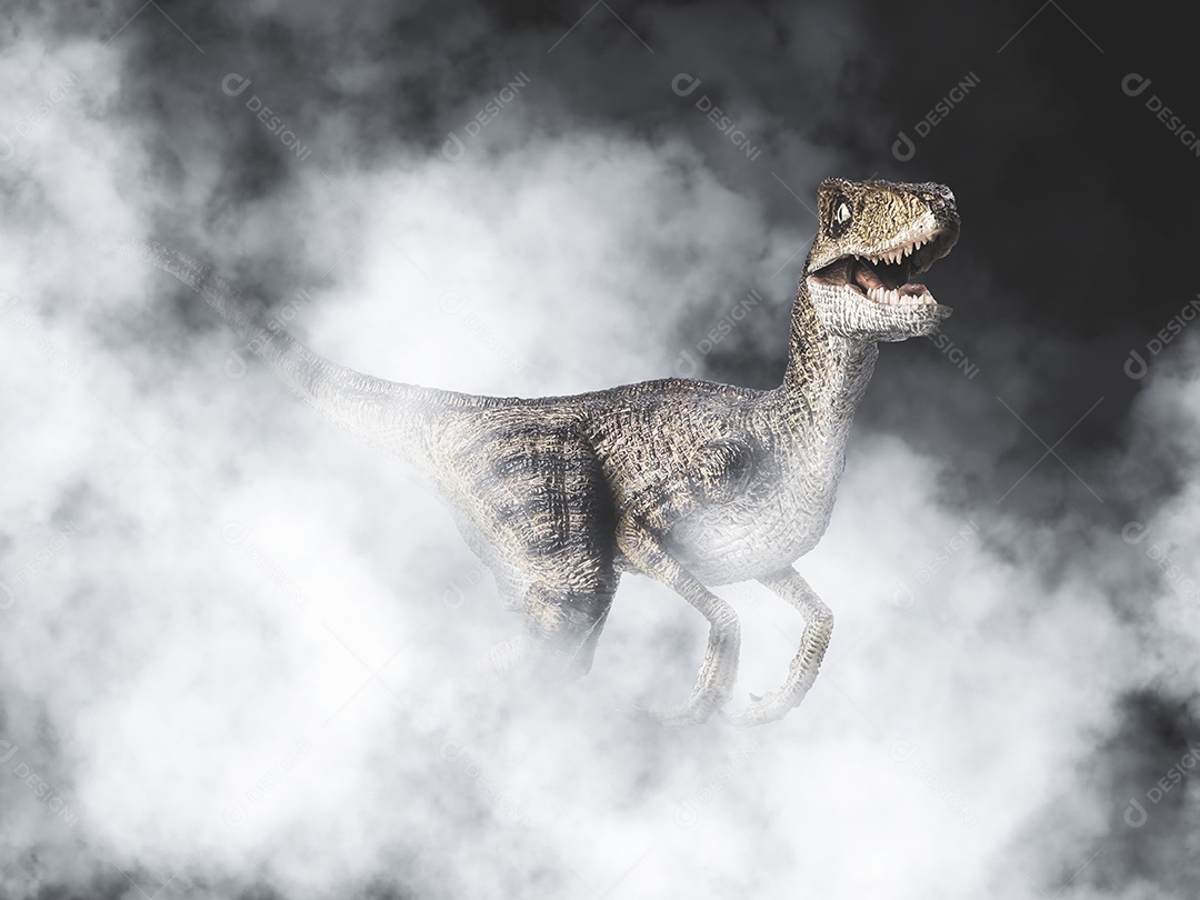 Dinossauro Velociraptor em fundo de fumaça