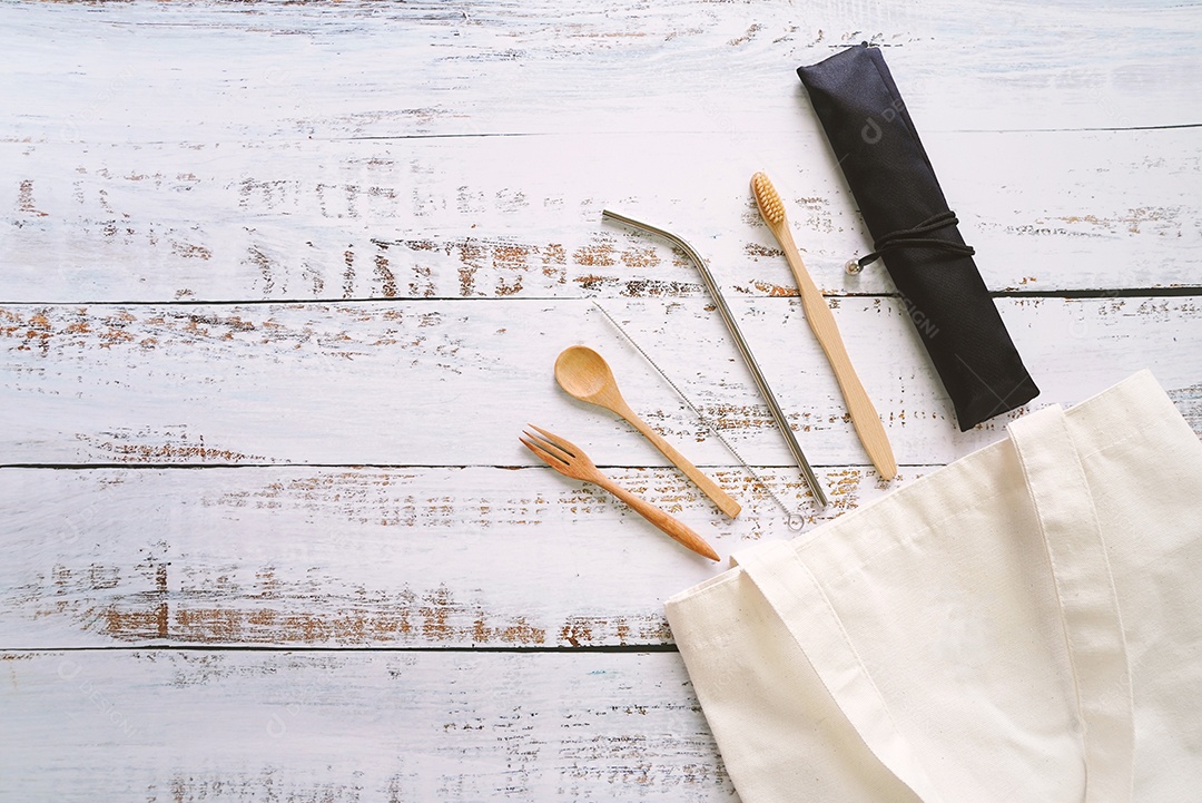 Conceito de estilo de vida ecológico, vista superior da sacola branca