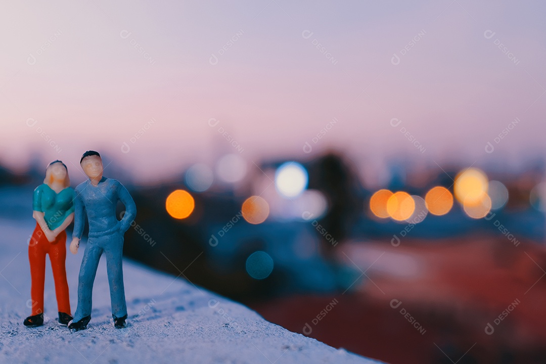 Um casal em miniatura fica parado no telhado vendo o pôr do sol