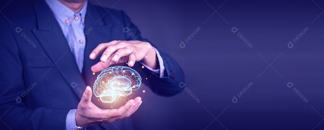 Mão humana segurando o cérebro, Inteligência Artificial, Tecnologia