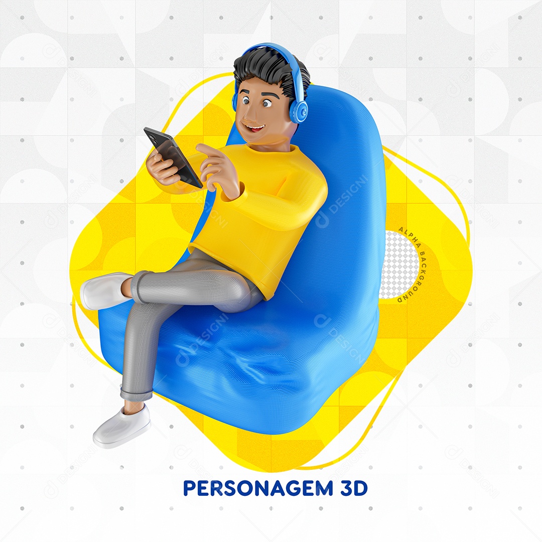 Personagem Homem Sentado Com Camisa Amarela Segurando Celular PSD