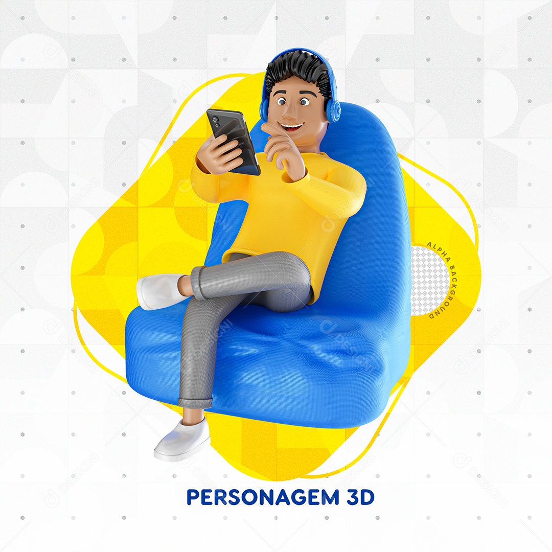 Personagem Homem Sentado Com Camisa Amarela Segurando Celular PSD