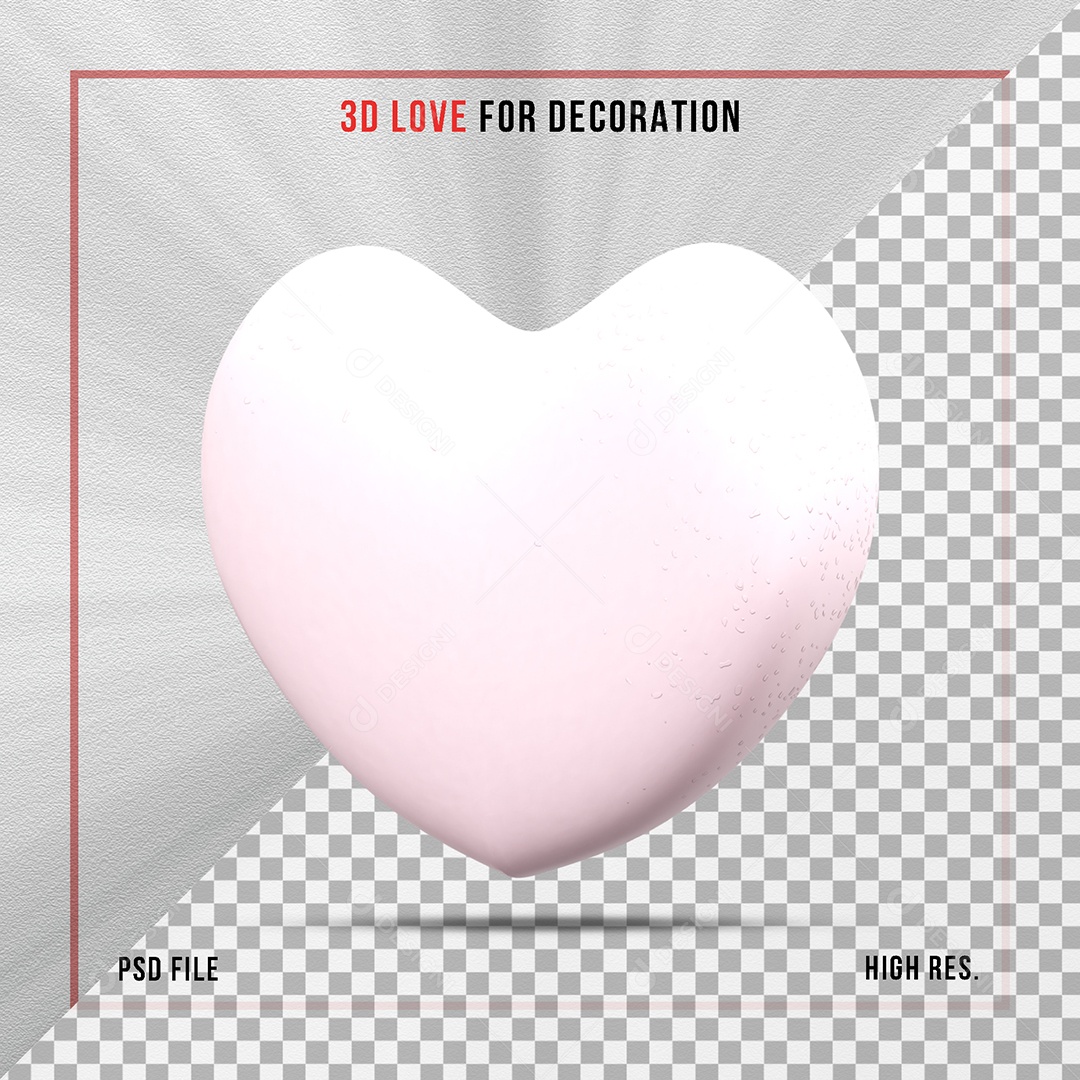 Coração 3D Branco para Composição PSD