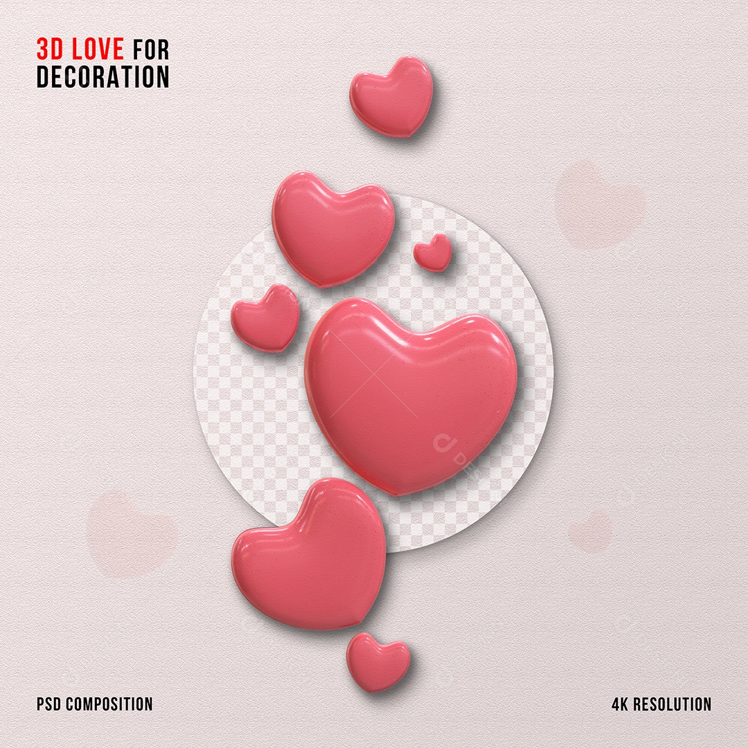 Corações 3D Rosa para Composição PSD