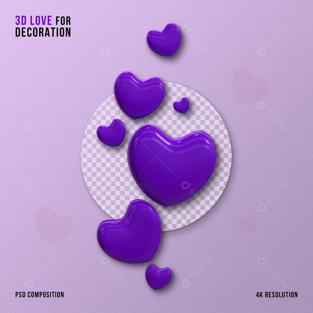 Corações 3D Roxo para Composição PSD