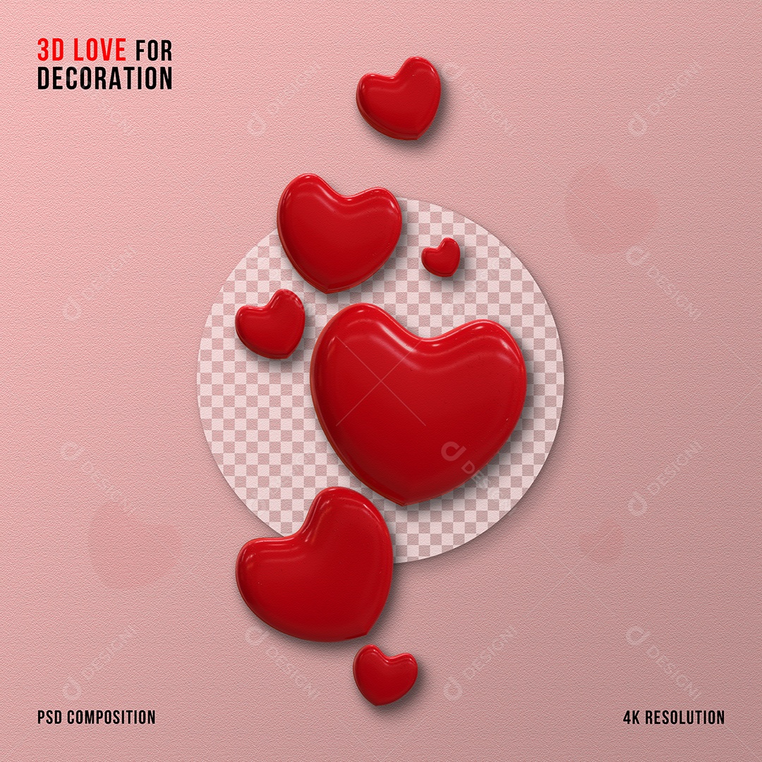 Corações 3D Vermelho para Composição PSD