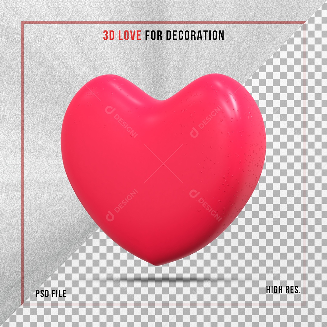 Coração 3D Rosa Elemento para Composição PSD