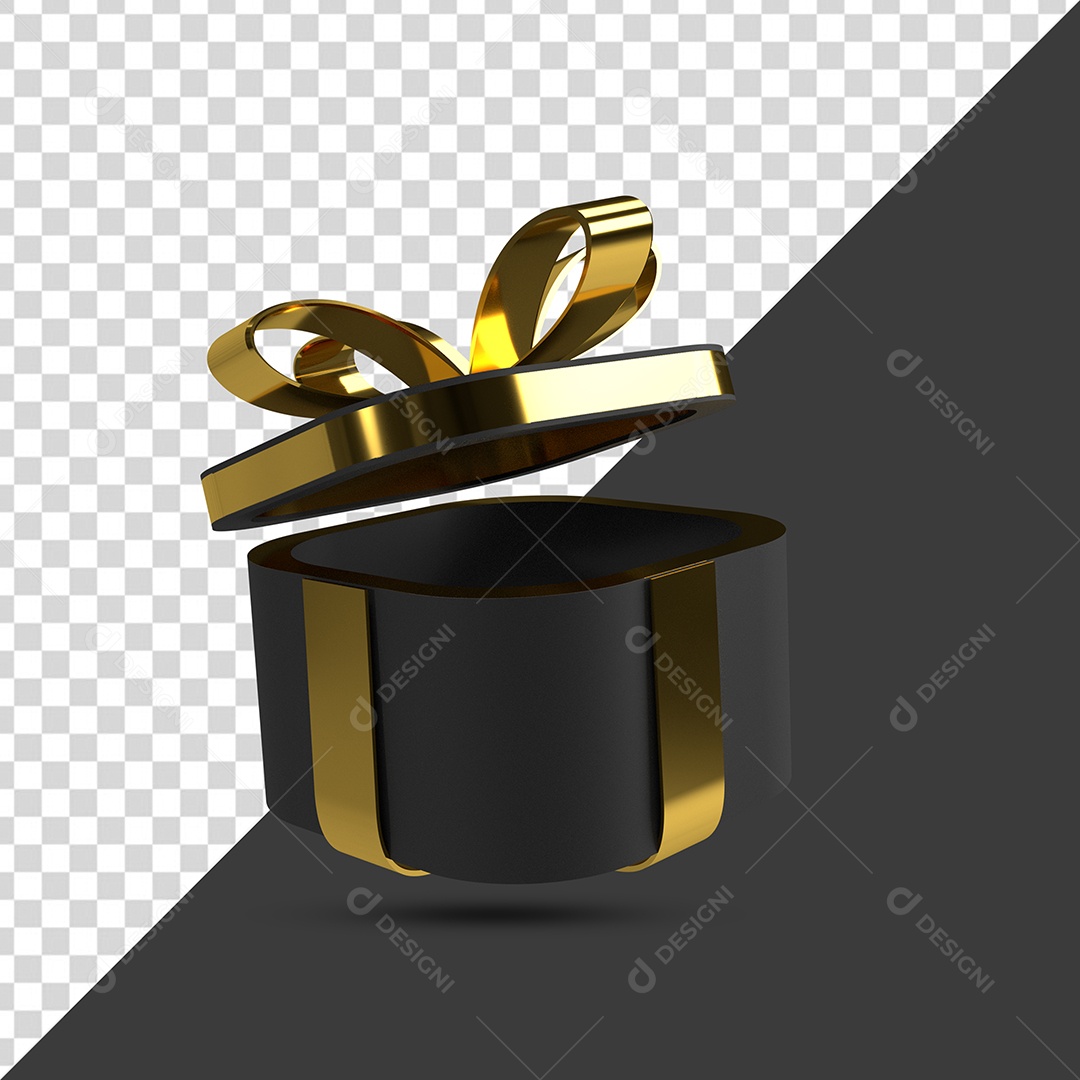 Caixa de Presente Preto com Fita Dourada Elemento 3D Para Composição PSD