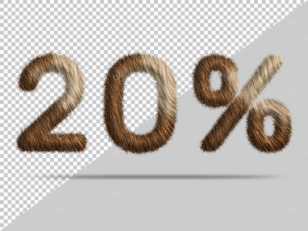 Número 20 % com pelo Marrom Ilustração 3D PSD
