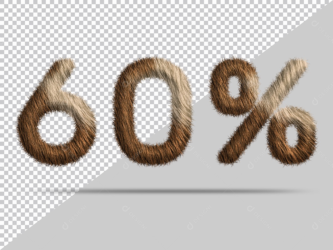 Número 60 % com pelo Marrom Ilustração 3D PSD