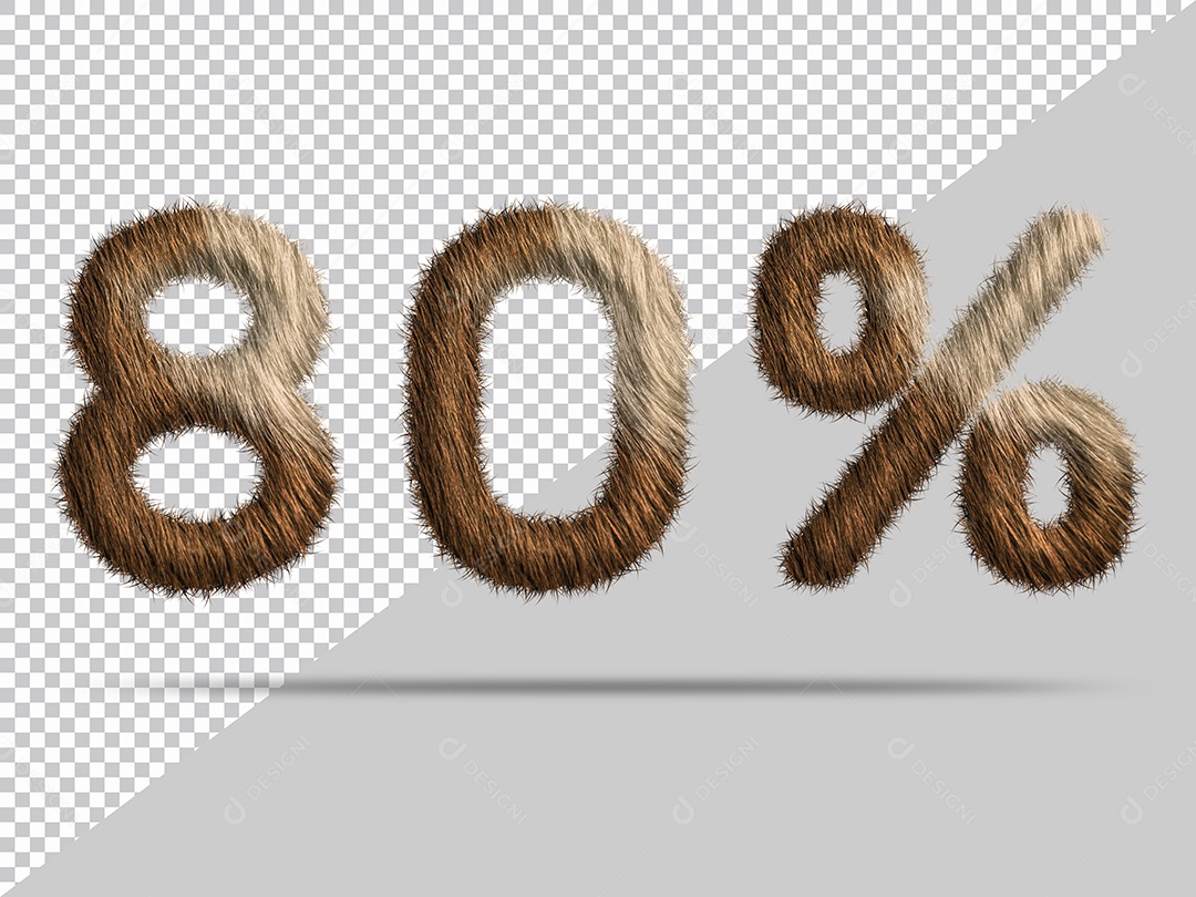 Número 80 % com pelo Marrom Ilustração 3D PSD