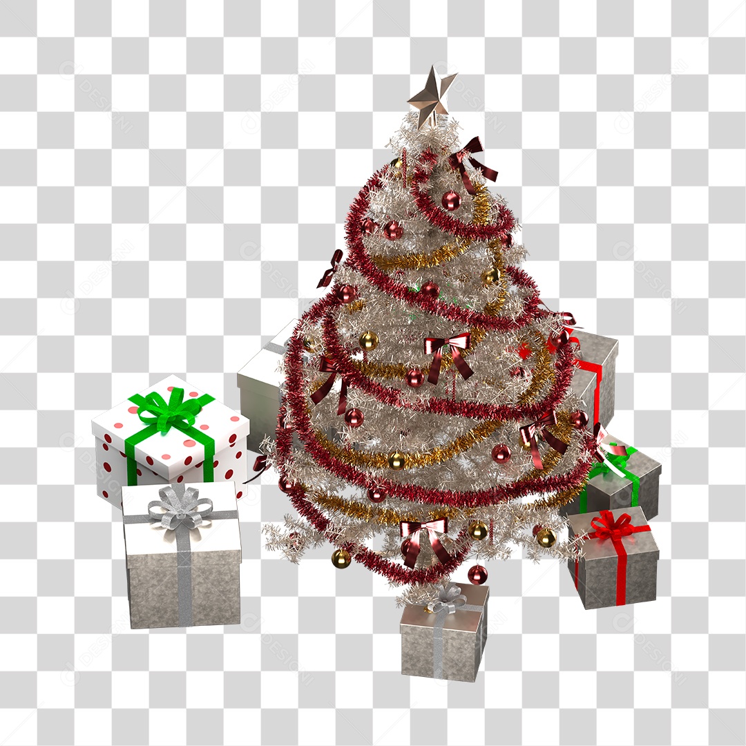 Árvore de Natal Branca Decorada com Presentes PNG Transparente