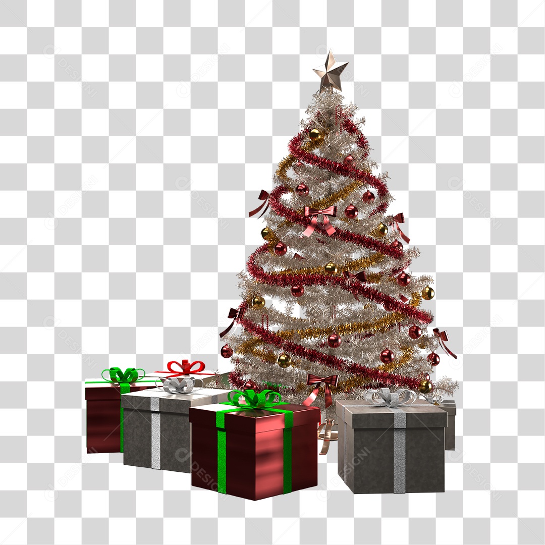 Árvore de Natal Branca Decorada com Presentes PNG Transparente