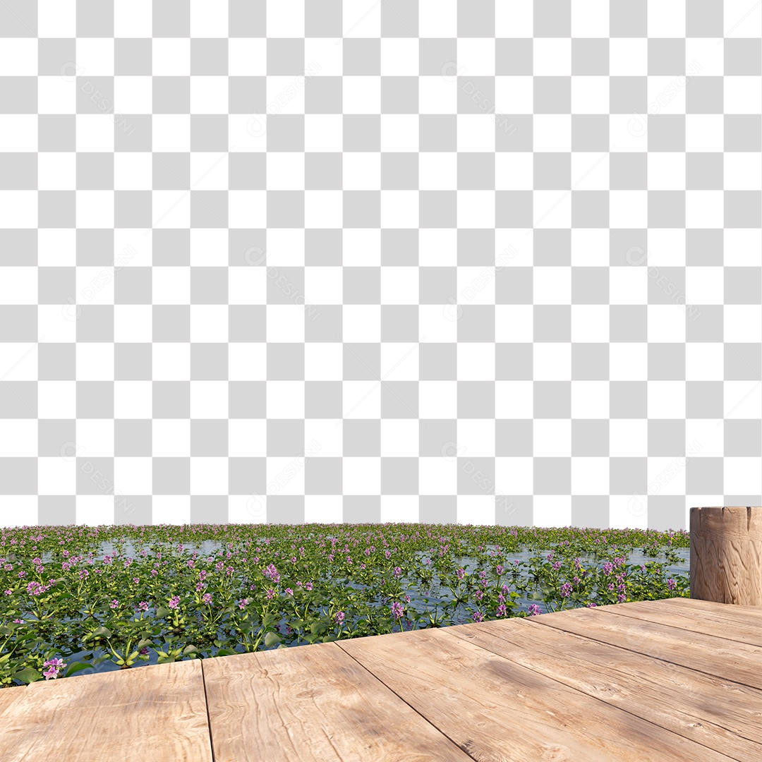 Passarela Sobre Lago com Planta Aquática e Flor PNG Transparente