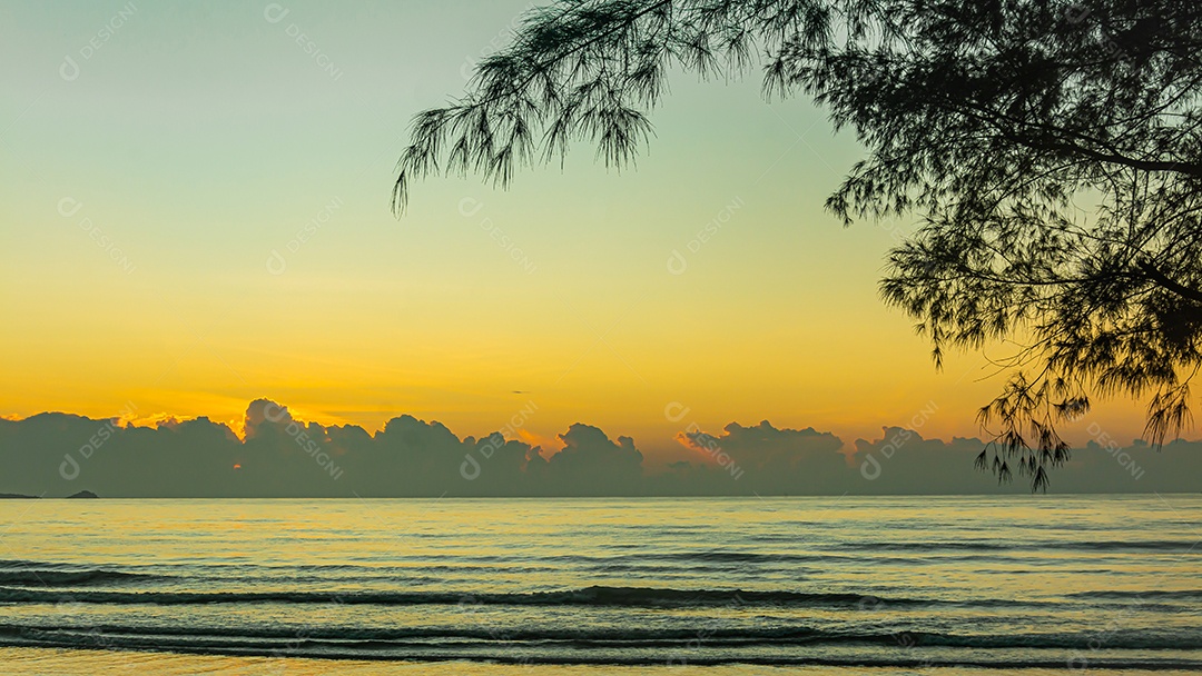Pôr do sol rosa sobre a superfície lisa do Mar Negro com pinheiros