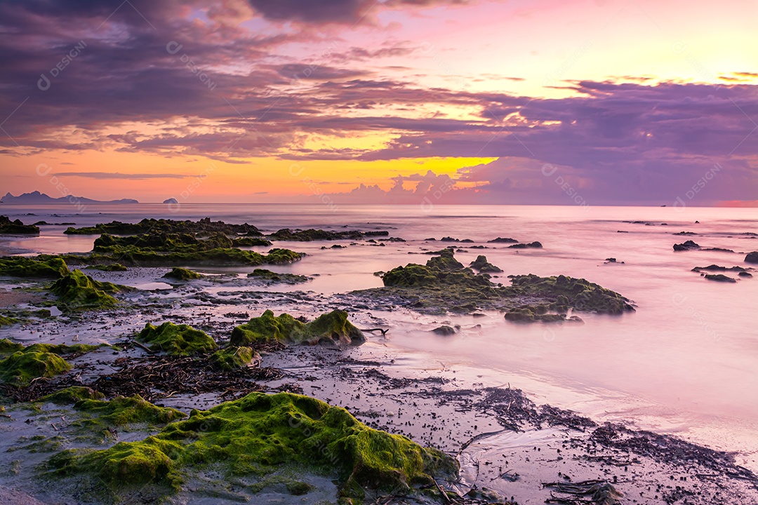 paisagem por do sol nas rochas da praia em primeiro plano