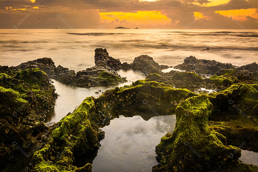 paisagem por do sol nas rochas da praia em primeiro plano