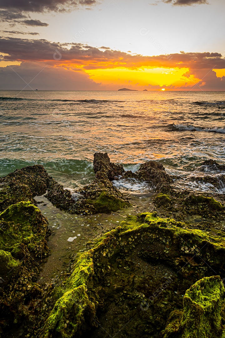 paisagem por do sol nas rochas da praia em primeiro plano