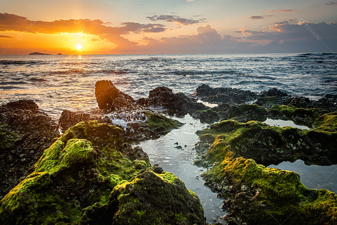 sunset landscape on the beach rocks in the foreground