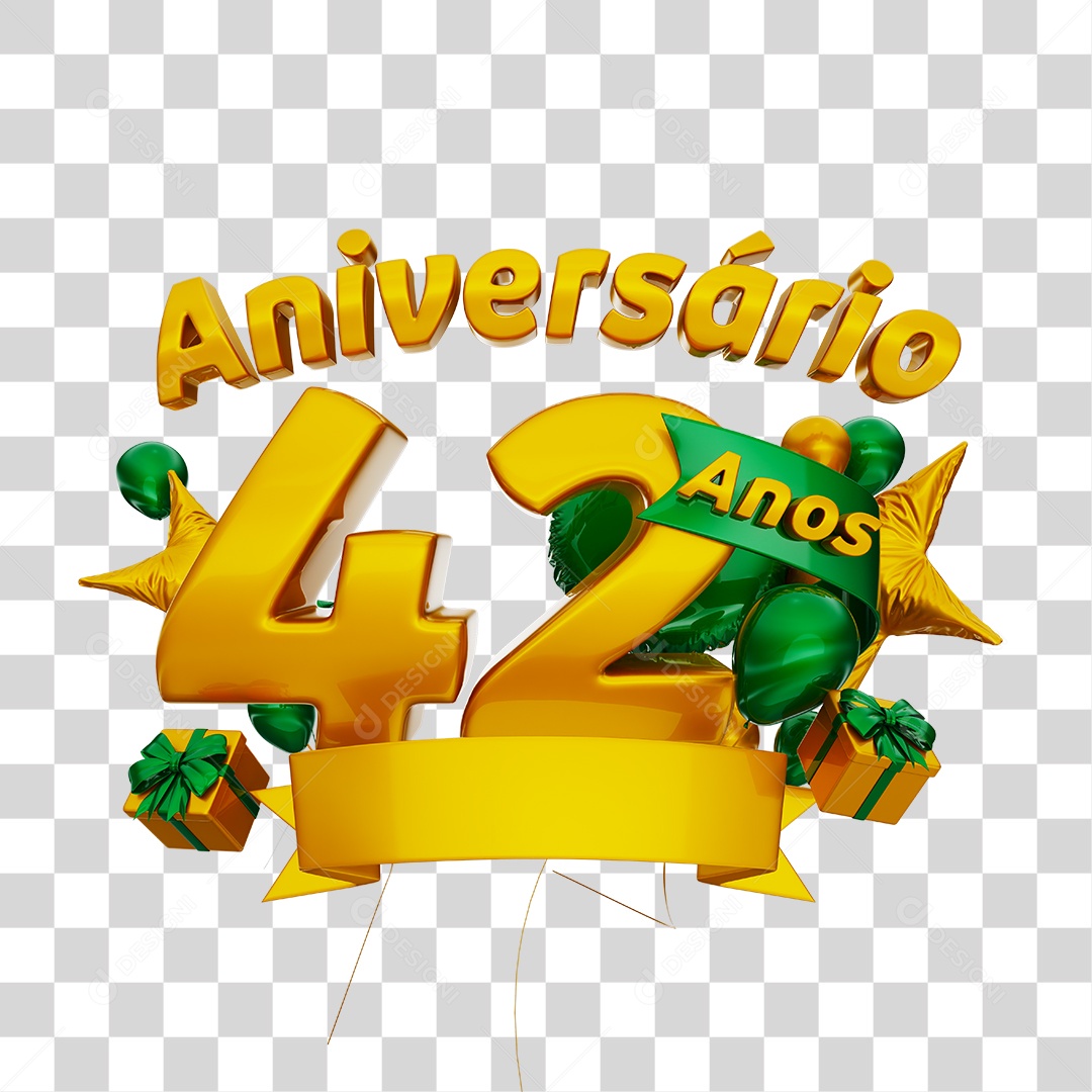 Aniversário 42 Anos Selo 3D Dourado com Fita e Balões Verde para Composição PNG Transparente