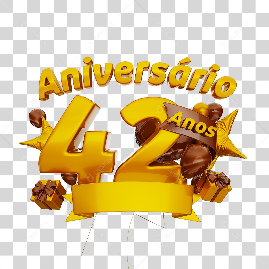 Aniversário 42 Anos Selo 3D Dourado com Fita e Balões para Composição PNG Transparente
