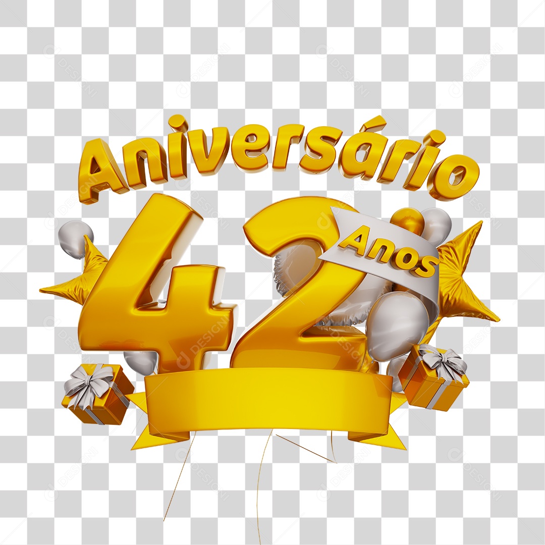 Aniversário 42 Anos Selo 3D Dourado com Fita e Balões Branco para Composição PNG Transparente