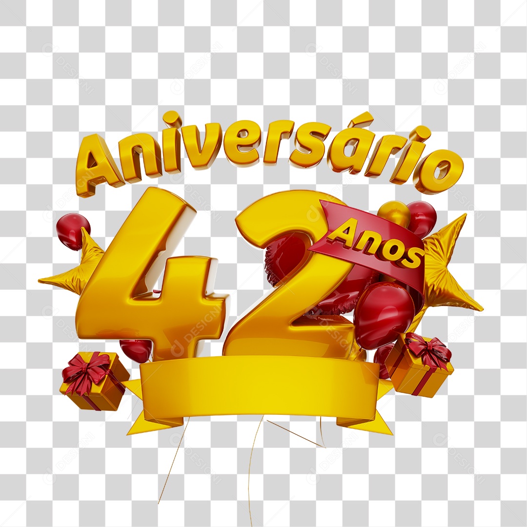 Aniversário 42 Anos Selo 3D Dourado com Fita e Balões Vermelho  para Composição PNG Transparente