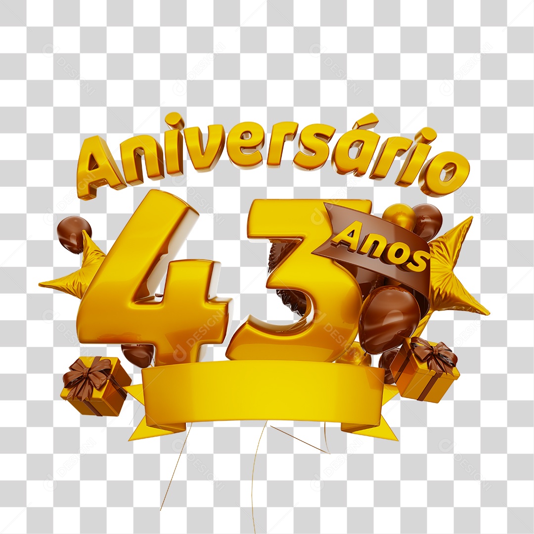 Aniversário 43 Anos Selo 3D Dourado com Fita e Balões para Composição PNG Transparente