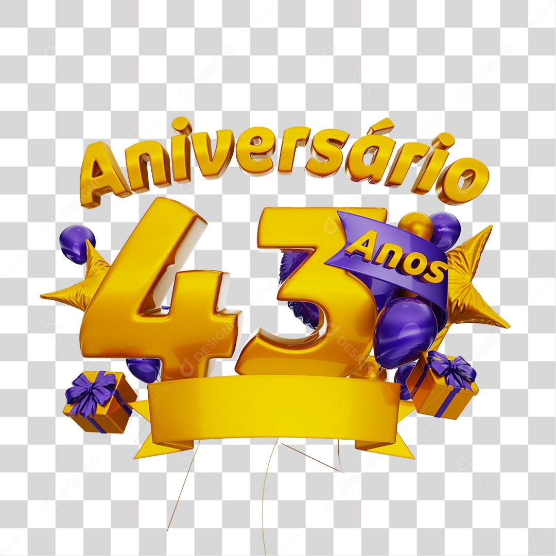 Aniversário 43 Anos Selo 3D Dourado com Fita e Balões Rosa para Composição PNG Transparente