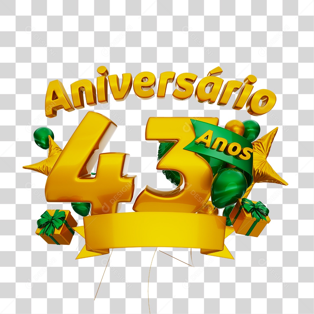 Aniversário 43 Anos Selo 3D Dourado com Fita e Balões Verde para Composição PNG Transparente